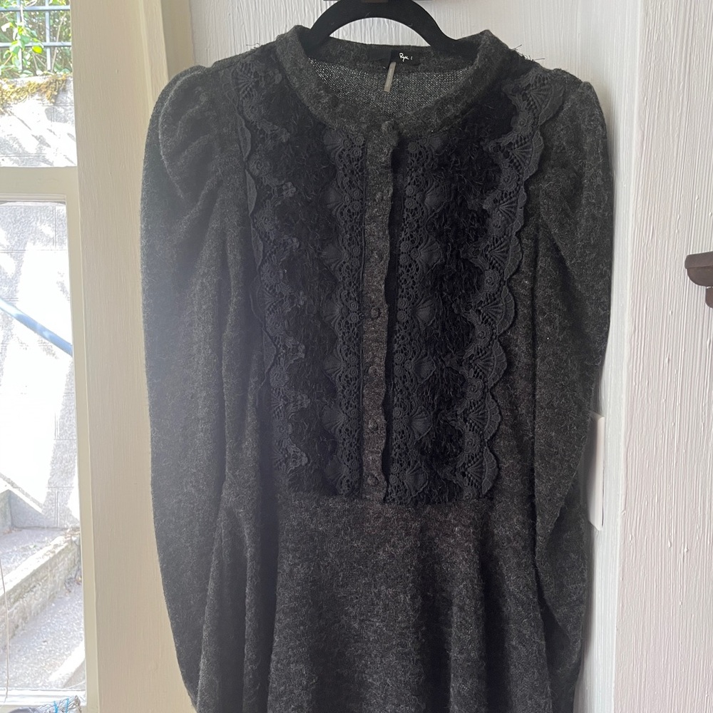 Coquette Long Sleeve Wool Mini Dress With Lace Detail